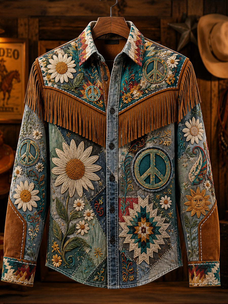 Men's Retro Style Art Print Western Vintage Tassel Casual Long Sleeve Shirt